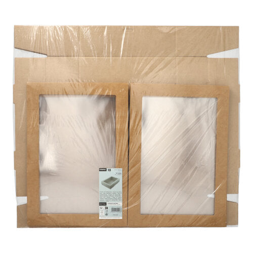 Dix boîtes de transport et de restauration Starpak en carton brun solide avec couvercle séparé et fenêtre en PET, rectangulaires, emballées ensemble dans un film transparent et présentées sur un fond neutre. Étiquette du produit en bas à gauche du cadre.
