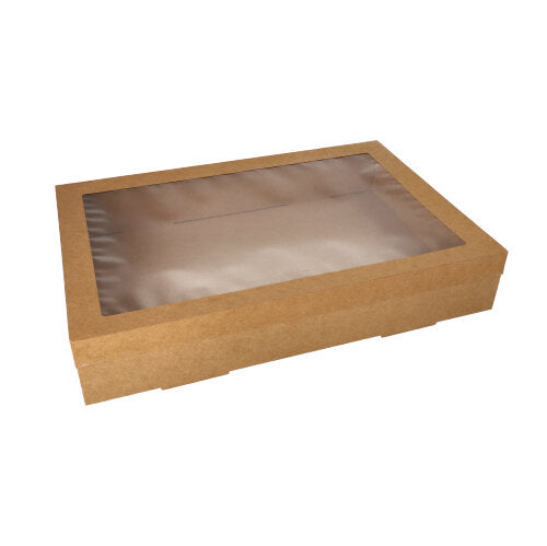 La boîte de transport et de restauration Starpak 10, rectangulaire en carton brun avec couvercle séparé et fenêtre en PET, est présentée sur un fond blanc.