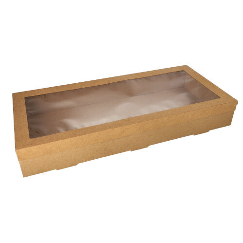 La boîte de transport et de restauration Starpak 10 en carton brun solide et rectangulaire avec couvercle séparé et fenêtre en PET est placée sur un fond blanc. La boîte de la marque Starpak est vide.