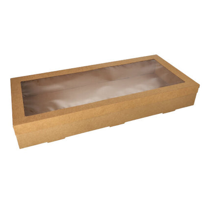 La boîte de transport et de restauration Starpak 10 en carton brun solide et rectangulaire avec couvercle séparé et fenêtre en PET est placée sur un fond blanc. La boîte de la marque Starpak est vide.