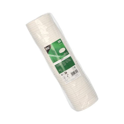 Un paquet de 50 couvercles en carton blanc PAPSTAR (Ø 8 cm) de la société PAPSTAR GmbH est emballé dans un film plastique avec une étiquette vert-blanc - parfait pour un service écologique en combinaison avec les gobelets assortis PAPSTAR.