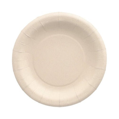 Une boule blanche PAPSTAR 50 assiettes fabriquées à partir de résidus agricoles respectueux de l'environnement provenant de la PAPSTAR La GmbH est photographiée vue d'en haut sur fond blanc.