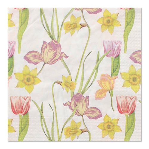 Les PAPSTAR GmbH 20 serviettes, 33x33 cm, 3 plis, 1/4 pliage (Design Set 1) montrent un motif floral répétitif de jonquilles jaunes et de tulipes roses avec des tiges et feuilles vertes.
