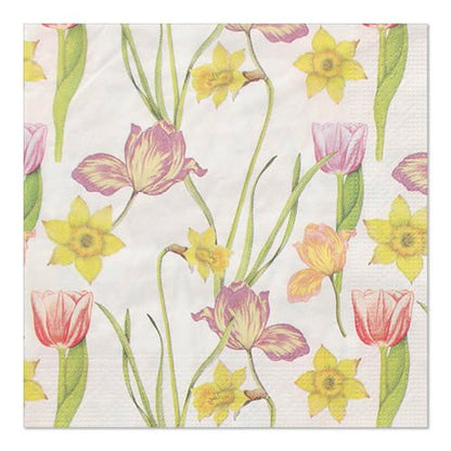 Les PAPSTAR GmbH 20 serviettes, 33x33 cm, 3 plis, 1/4 pliage (Design Set 1) montrent un motif floral répétitif de jonquilles jaunes et de tulipes roses avec des tiges et feuilles vertes.