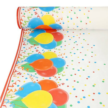 La nappe Starpak, semblable à du tissu, non-tissé "soft selection plus" montre des ballons colorés, des points de confettis et des serpentins sur les bords sur un fond blanc avec un bord rouge.