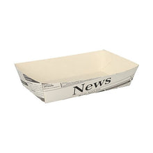 Les 50 barquettes de frites « Impression de journal » de PAPSTAR GmbH sont des barquettes rectangulaires blanches avec une impression de journal - idéales pour servir lors des barbecues. La barquette vide est représentée sur un fond blanc simple.