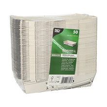 Une pile de 50 barquettes blanches PAPSTAR de frites « Newsprint » de PAPSTAR GmbH, emballées dans un film avec une étiquette écologique verte et blanche - idéales pour les barbecues.
