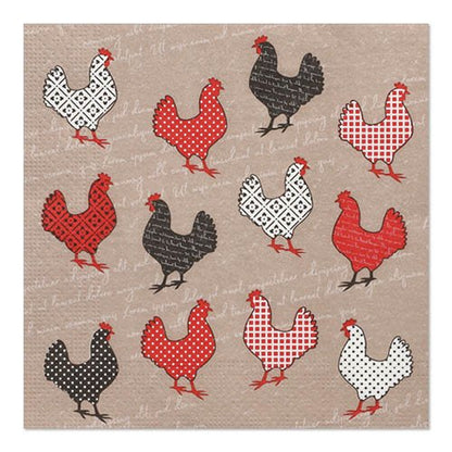 Les 20 serviettes PAPSTAR de la PAPSTAR GmbH (33 x 33 cm, 3 plis, design set 5) présentent un motif géométrique et à pois de poules en noir, blanc et rouge sur fond beige avec une écriture discrète.