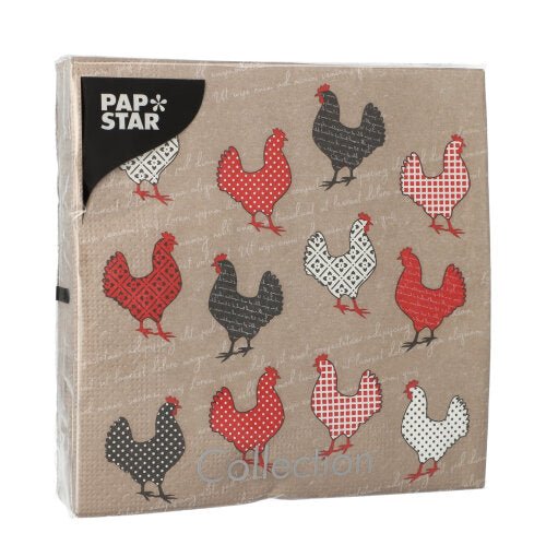 Les 20 serviettes PAPSTAR GmbH, 33x33cm, 3 plis, design set 5 : serviettes avec des poules rouges, noires et blanches dans des motifs géométriques sur fond brun.