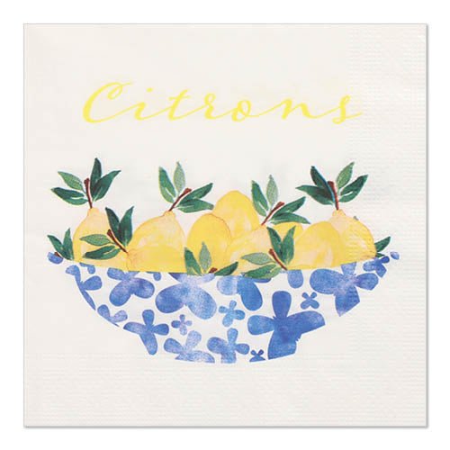 Une serviette décorative avec des citrons jaunes avec des feuilles vertes dans un bol bleu et blanc, au-dessus "Citrons" en écriture jaune sur fond blanc. PAPSTAR 20 serviettes, 33x33cm, 3 plis, set 5 de PAPSTAR GmbH-parfait pour votre table dressée.