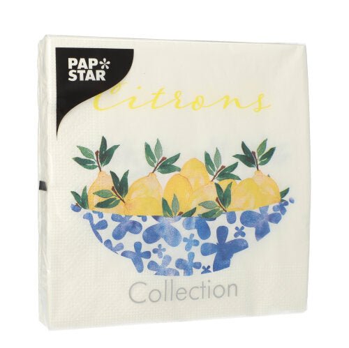 Un paquet de PAPSTAR GmbH 20 serviettes (33 x 33 cm, 3 plis, 1/4 pli, design set 5), montrant des citrons avec des feuilles vertes dans un bol à motifs bleu et blanc. Sur l'emballage est écrit "Zitronen" et "Kollektion".