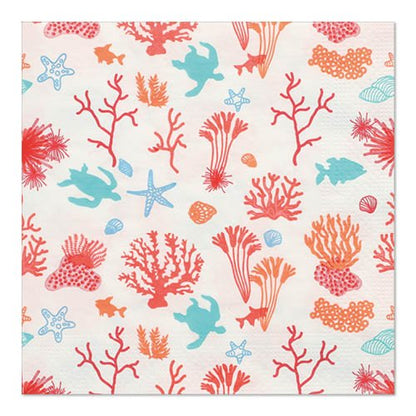Scène sous-marine colorée avec des coraux, étoiles de mer, tortues, coquillages et poissons dans un motif répétitif sur PAPSTAR 20 serviettes, 33x33 cm, 3 plis, 1/4 pliage de PAPSTAR GmbH Design Set 1.