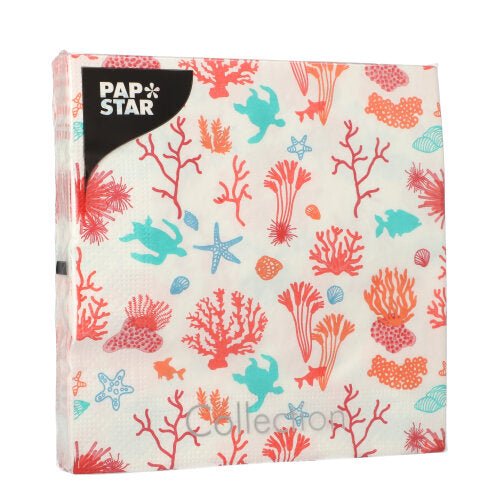 PAPSTAR 20 serviettes, 33 x 33 cm, 3 plis, avec un design marin coloré (coraux rouges, tortues de mer bleues, étoiles de mer & coquillages) - idéal pour une décoration de table maritime.