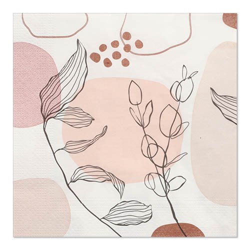 Les 20 serviettes PAPSTAR, 33 x 33 cm, 3 plis, set 5 de la PAPSTAR GmbH présentent des formes abstraites en rose et beige avec des motifs de feuilles noires, proposées dans un paquet pratique de 20.