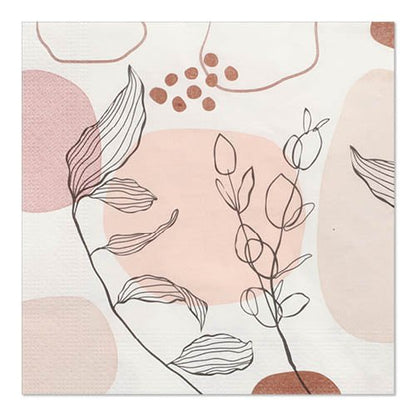 Les 20 serviettes PAPSTAR, 33 x 33 cm, 3 plis, set 5 de la PAPSTAR GmbH présentent des formes abstraites en rose et beige avec des motifs de feuilles noires, proposées dans un paquet pratique de 20.