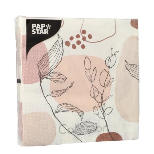Les 20 serviettes PAPSTAR GmbH, 33x33cm, 3 plis, dans le design abstrait set 5 avec des formes beige-rose et des dessins de lignes de feuilles et de baies noires. Les serviettes sont emballées dans un plastique transparent.