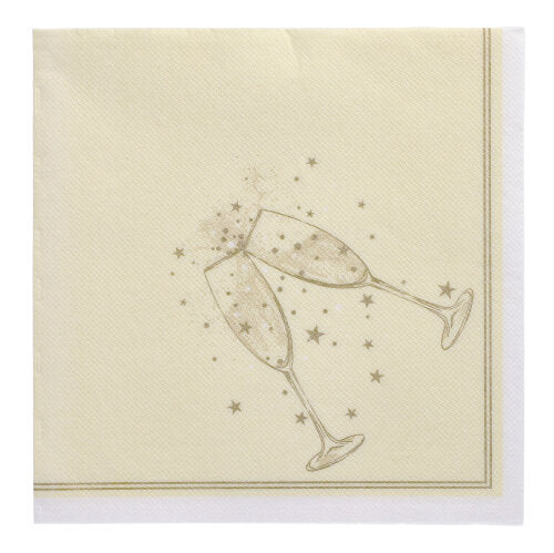 Les PAPSTAR 20 serviettes "Collection ROYAL" 1/4 pli 40x40 cm de PAPSTAR GmbH présentent un design beige avec deux verres de champagne qui s'entrechoquent, un bord doré et de petites étoiles dorées - idéal pour une décoration de table élégante.
