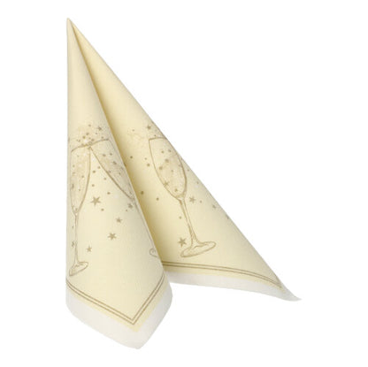 Les serviettes PAPSTAR 20 "ROYAL Collection" (40 x 40 cm, 1/4 pliées) de la PAPSTAR GmbH sont de couleur crème, imprimées de verres à champagne et d'étoiles et sont faites de tissu premium pour une touche élégante.
