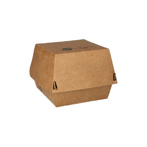 La PAPSTAR Avec ses 80 boîtes à hamburger en carton brun « 100 % Fair », la société GmbH propose une solution d'emballage durable, idéale pour les établissements de restauration respectueux de l'environnement, présentée sur un fond blanc sobre.