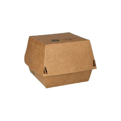 La PAPSTAR Avec ses 80 boîtes à hamburger en carton brun « 100 % Fair », la société GmbH propose une solution d'emballage durable, idéale pour les établissements de restauration respectueux de l'environnement, présentée sur un fond blanc sobre.