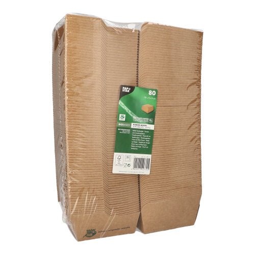 Le lot de 80 boîtes à hamburger « 100 % équitables » en carton brun de PAPSTAR La GmbH est de forme rectangulaire, empilée et emballée sous film plastique avec une étiquette verte et blanche – idéale pour les établissements de restauration soucieux du développement durable.