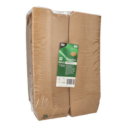 Le lot de 80 boîtes à hamburger « 100 % équitables » en carton brun de PAPSTAR La GmbH est de forme rectangulaire, empilée et emballée sous film plastique avec une étiquette verte et blanche – idéale pour les établissements de restauration soucieux du développement durable.