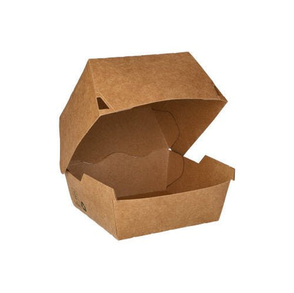 La PAPSTAR 80 boîtes à hamburger en carton brun « 100 % équitable » de PAPSTAR Ces boîtes en plastique sont ouvertes et vides, sur fond blanc : elles constituent un emballage à emporter écologique idéal pour les établissements de restauration engagés dans le développement durable.