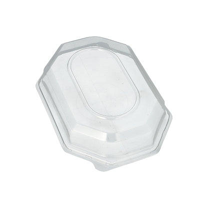 Le couvercle Starpak 10 pour plateaux de service est un couvercle PET transparent octogonal clair avec un centre ovale surélevé, conçu pour une conservation optimale des aliments et illustré sur un fond blanc.