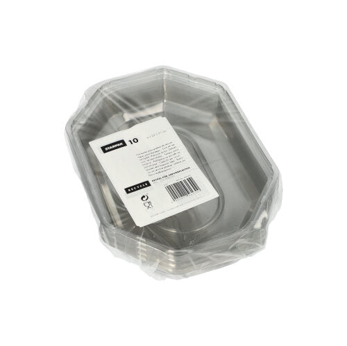 Ein Stapel von zehn Starpak Deckel für Servierplatten aus PET transparent, mit weißem Etikett und Barcode, ist im Klarsichtpack verpackt – ideal zur Frischebewahrung und als Abdeckung für Servierplatten.