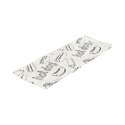 Abgebildet ist eine flache, weiße PAPSTAR Hot Dog-Tüten-Papierverpackung (21x8,5 cm) mit schwarzer Hot Dog-Strichzeichnung und "Hot Dog"-Text aus der 1000er-Schrumpfpackung der PAPSTAR GmbH auf weißem Hintergrund.
