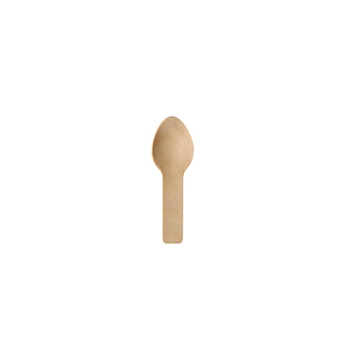Une seule cuillère en bois pour finger food PAPSTAR "pure", 7,6 cm de PAPSTAR GmbH, avec un manche court et plat et un bol arrondi, se tient au centre sur un fond blanc simple.