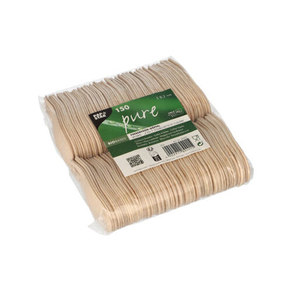 Un emballage en plastique transparent contient 150 PAPSTAR göffel en bois "pure", 8,2 cm, idéal pour les amuse-gueules. L'étiquette vert-blanc affiche le logo de PAPSTAR GmbH et les détails du produit, à l'intérieur, les ustensiles en bois écologiques sont soigneusement empilés.
