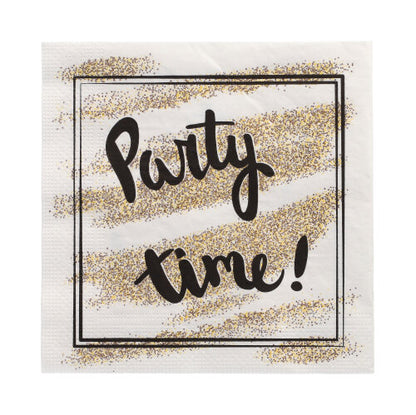 Les serviettes PAPSTAR GmbH 20, 33 cm x 33 cm, 3 plis, Design Set 2 présentent "Party time!" en lettres noires grasses et des accents de paillettes dorées sur fond blanc avec une bordure noire à deux lignes.