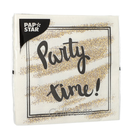 Ces serviettes blanches PAPSTAR GmbH à 3 plis (33x33 cm, 1/4 pliées) sont ornées de bandes de paillettes dorées et de l'inscription "Party time!" en lettres noires ainsi que d'une étiquette noire "PAP STAR" en haut à gauche - idéales pour les fêtes. Ensemble de 20 pièces.
