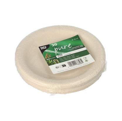 Une pile de ronds PAPSTAR Assiettes « pure » fabriquées à partir de résidus agricoles, emballées dans un film plastique. Sur l'étiquette figure la PAPSTAR Comme vous pouvez le voir, il s'agit de 20 assiettes compostables et biodégradables.