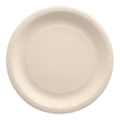 Le PAPSTAR 20 assiettes fabriquées à partir de résidus agricoles « pure » – assiettes jetables rondes, de couleur beige, fabriquées à partir de matières premières durables, avec un rebord légèrement surélevé, de PAPSTAR GmbH, photographiée d'en haut sur fond blanc.