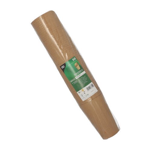 Une feuille roulée de papier kraft brun, enveloppée dans un film, avec une étiquette vert-blanc de la PAPSTAR GmbH - parfaite pour fabriquer des Wrap Cups écologiques en carton ou pour des fêtes et des événements. Produit : PAPSTAR 50 Wrap Cups, carton brun.