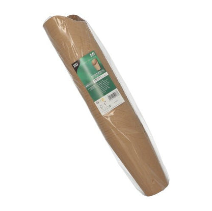 Un rouleau de 50 PAPSTAR Wrap Cups, carton brun de la PAPSTAR GmbH, idéal pour des Wrap Cups écologiques lors de fêtes et d'événements, partiellement enveloppé dans un film transparent avec une étiquette d'information vert-blanc sur le devant.