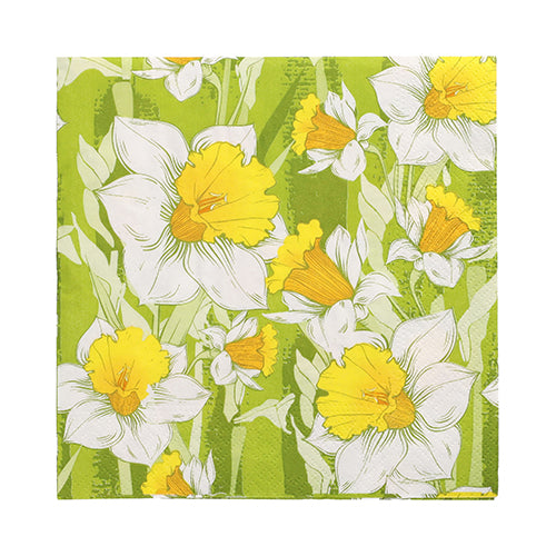 PAPSTAR 100 serviettes, 3 couches, 33x33 cm de PAPSTAR GmbH : serviettes en papier avec des narcisses blancs et jaunes sur fond vert. Extra douces et résistantes grâce à la qualité triple couche.