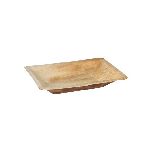 Le PAPSTAR 25 assiettes en feuille de palmier « pure » carrées naturelles de PAPSTAR GmbH est un plateau jetable rectangulaire et respectueux de l'environnement en feuille de palmier naturelle - parfait pour un service élégant et biodégradable, illustré sur un fond blanc simple.