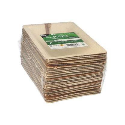 Un paquet de 25 PAPSTAR assiettes jetables « pure » carrées en feuille de palmier naturelle, biodégradables, de PAPSTAR GmbH, emballé dans un film avec une étiquette verte.