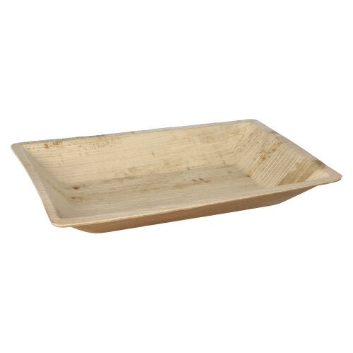 Le PAPSTAR 25 assiettes en feuille de palmier « pure » carrées naturelles de PAPSTAR GmbH est une assiette jetable rectangulaire et plate en feuille de palmier naturelle, biodégradable et respectueuse de l'environnement avec un grain visible.