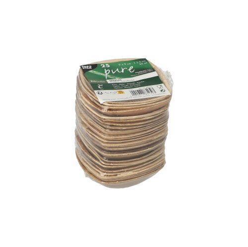 Une pile de bols carrés en feuille de palmier naturel de la marque PAPSTAR GmbH est emballée dans du plastique. Une étiquette vert-blanc en haut indique : PAPSTAR 25 bols en feuille de palmier "pure" "QUADRATO" nature.