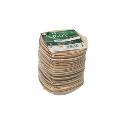 Une pile de bols carrés en feuille de palmier naturel de la marque PAPSTAR GmbH est emballée dans du plastique. Une étiquette vert-blanc en haut indique : PAPSTAR 25 bols en feuille de palmier "pure" "QUADRATO" nature.