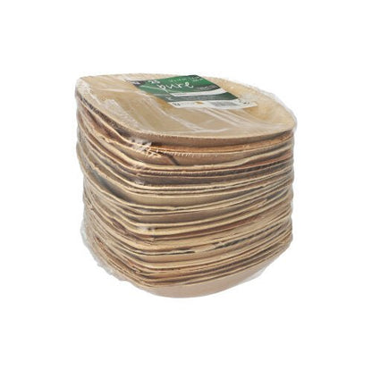 Une pile de PAPSTAR 25 assiettes en feuille de palmier "pure" QUADRATO nature biodégradables carrées avec des bords arrondis, fabriquées à partir de feuille de palmier légère, enveloppées dans un film transparent et avec une étiquette vert-blanc de PAPSTAR GmbH sur le dessus.