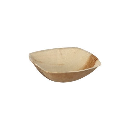 Les PAPSTAR 25 bols en feuille de palmier "pure" QUADRATO nature de PAPSTAR GmbH sont de petits bols carrés plats en matériau naturel clair avec un grain discret ; ils se distinguent par des bords arrondis et un design écologique. Le fond est simplement blanc.