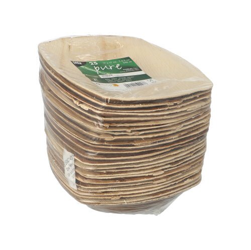 Un pack de 25 PAPSTAR "pure" QUADRATO bols en feuille de palmier naturelle de PAPSTAR GmbH, en matériau biodégradable, de forme ovale, brun clair et emballé dans un film transparent avec une étiquette verte.