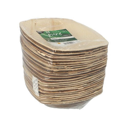 Un pack de 25 PAPSTAR "pure" QUADRATO bols en feuille de palmier naturelle de PAPSTAR GmbH, en matériau biodégradable, de forme ovale, brun clair et emballé dans un film transparent avec une étiquette verte.