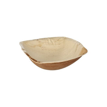 Les PAPSTAR 25 bols en feuille de palmier "pure" "QUADRATO" nature de PAPSTAR GmbH sont des bols jetables carrés biodégradables avec un grain de bois naturel, présentés de manière écologique sur un fond blanc.