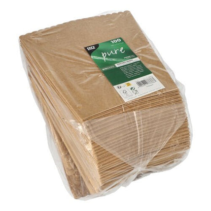 Une pile de PAPSTAR Les boîtes à pop-corn (19,7 x 7 x 7 cm, lot de 100) sont conditionnées dans un emballage en plastique transparent orné d'une étiquette verte et blanche : l'idéal pour votre prochaine soirée cinéma.